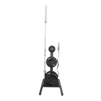 TKO 6205 Olympic Weight Plate Tree with weight plates and Olympic bars in Bar Holders on white background