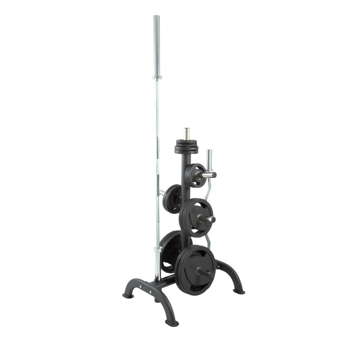 TKO 6210 Olympic Weight Plate Tree with Bar Holders with Olympic plates and bars on white background