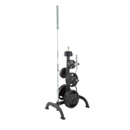 TKO 6210 Olympic Weight Plate Tree with Bar Holders with Olympic plates and bars on white background