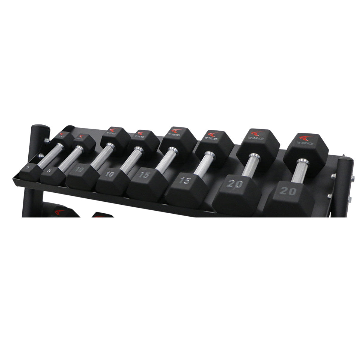 TKO-6235-B rack with TKO urethane dumbbells on white background