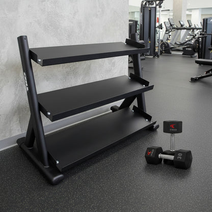 TKO-6235-B rack with 30 lb TKO urethane dumbbell shown in gym.