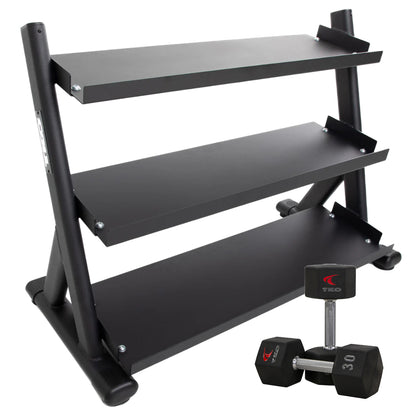 TKO-6235-B rack with 30 lb TKO urethane dumbbells on white background.