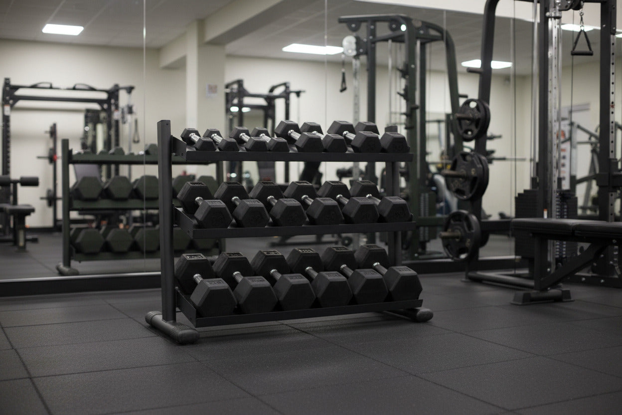 TKO S6235-TXRA10 5 to 50LB Tri-Grip Rubber Hex Dumbbell Set w/Rack in gym