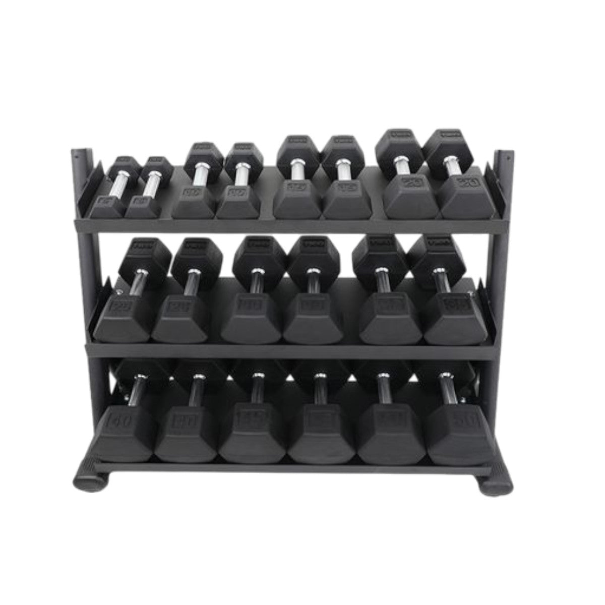 TKO S6235-TXRA10 5 to 50LB Tri-Grip Rubber Hex Dumbbell Set w/Rack on white background