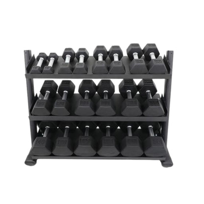 TKO S6235-TXRA10 5 to 50LB Tri-Grip Rubber Hex Dumbbell Set w/Rack on white background