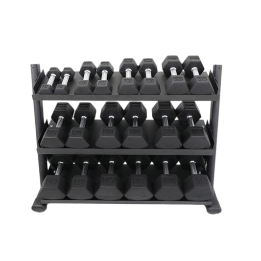TKO S6235-TXRA10 5 to 50LB Tri-Grip Rubber Hex Dumbbell Set w/Rack on white background