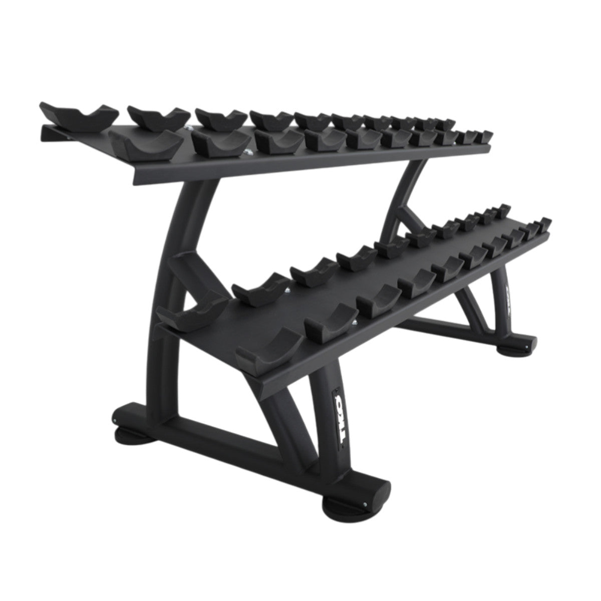 TKO 7051B-BK 10 Pair Dumbbell Saddle Rack side view on white background