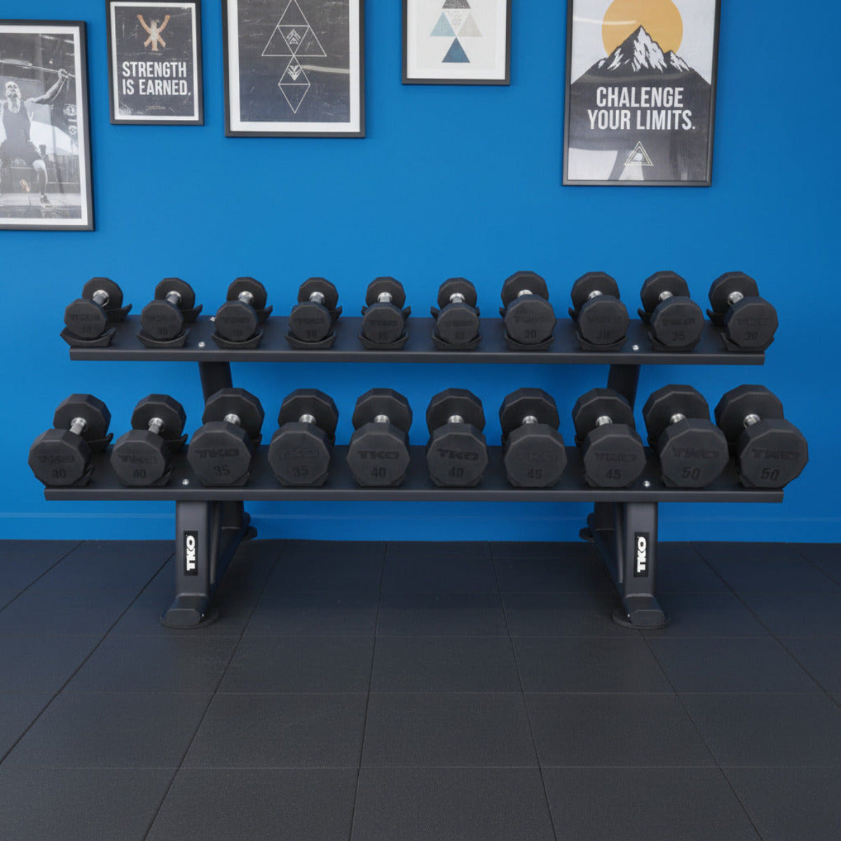 TKO 7051B-BK 10 Pair Dumbbell Saddle Rack in gym