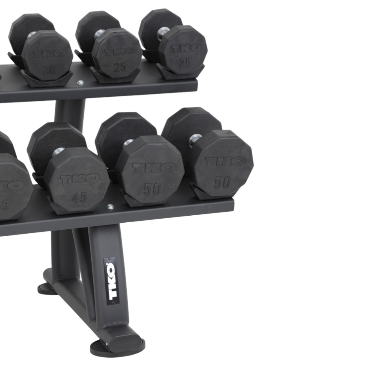 TKO 7051B-BK 10 Pair Dumbbell Saddle Rack with dumbbells close up on white background