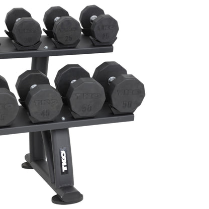 TKO 7051B-BK 10 Pair Dumbbell Saddle Rack with dumbbells close up on white background