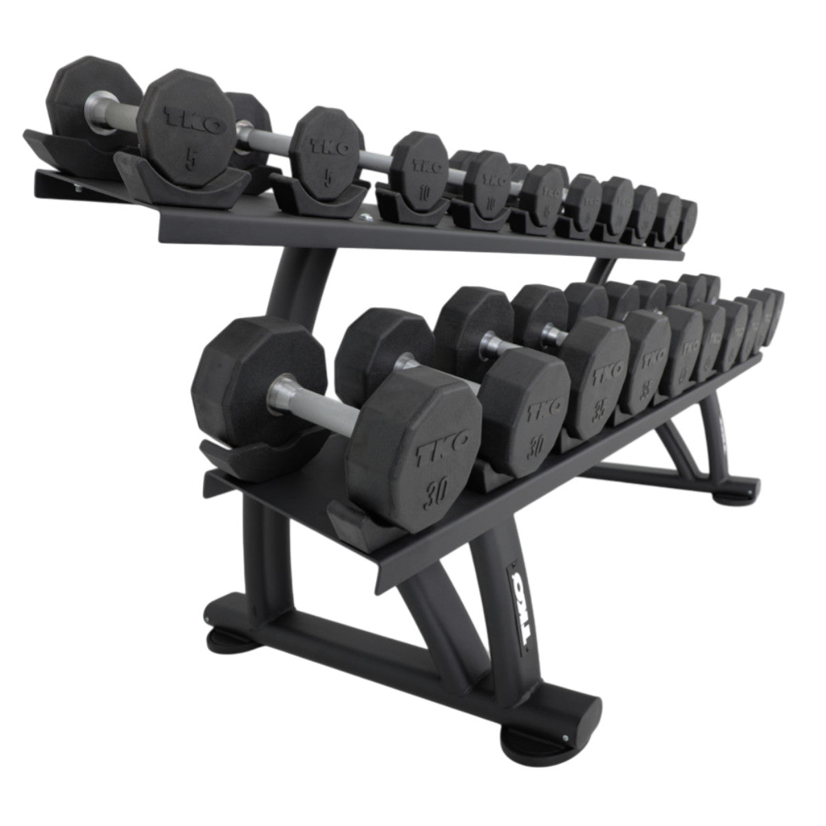 TKO 7051B-BK 10 Pair Dumbbell Saddle Rack with dumbbells on white background