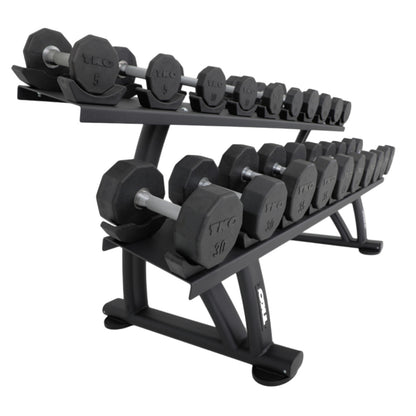 TKO 7051B-BK 10 Pair Dumbbell Saddle Rack with dumbbells on white background