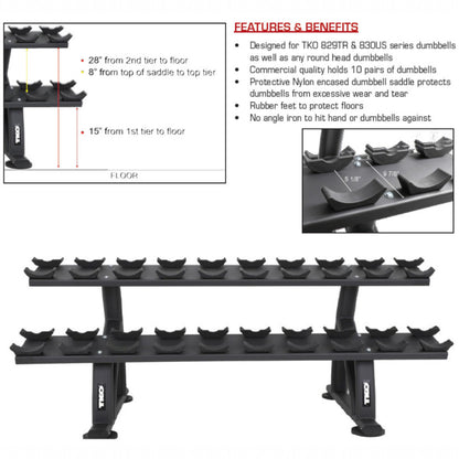 TKO 7051B Dumbbell rack with features and benefits highlighted on a white background