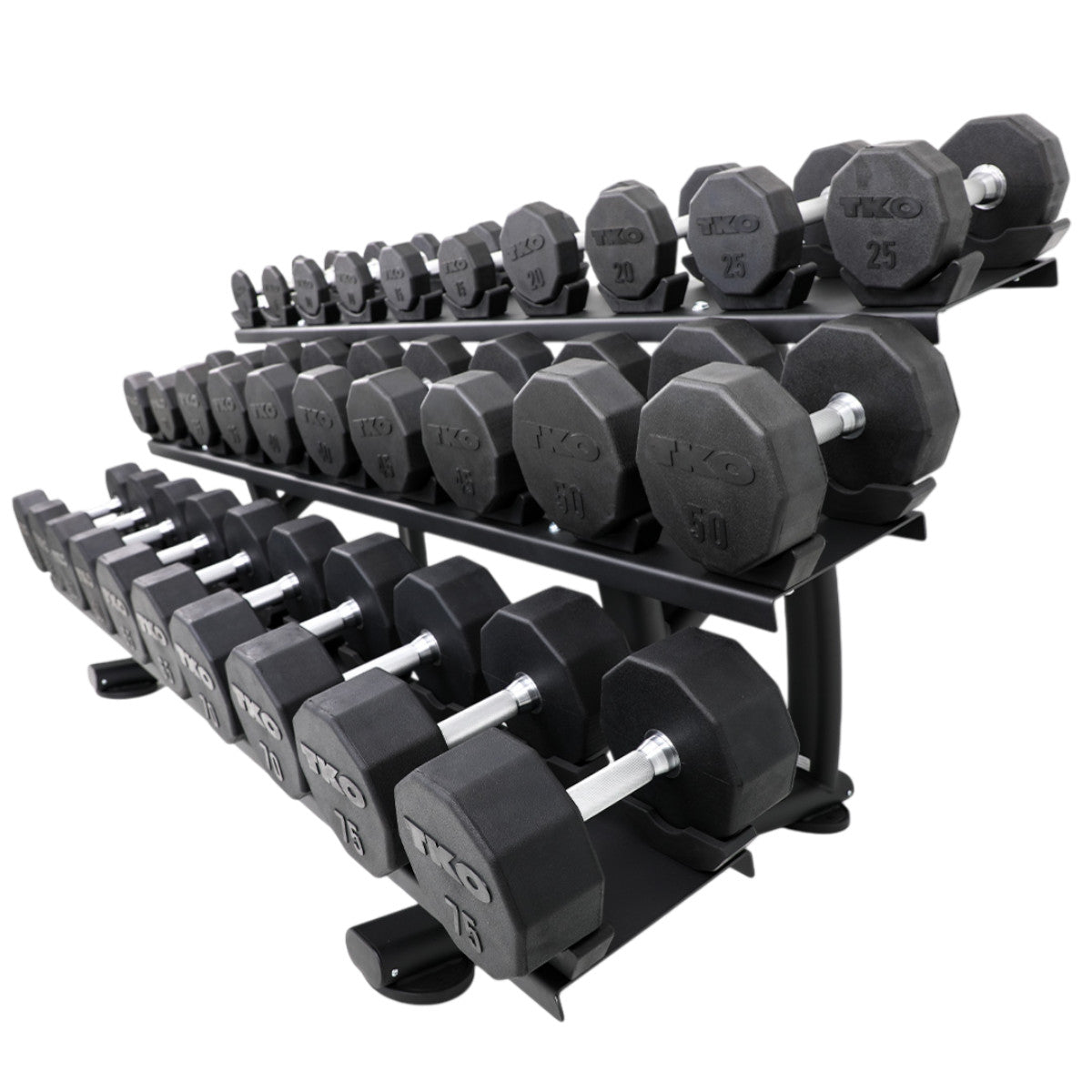 TKO 7052B-BK 15 Pair Dumbbell Saddle Rack with dumbbells side view on white background