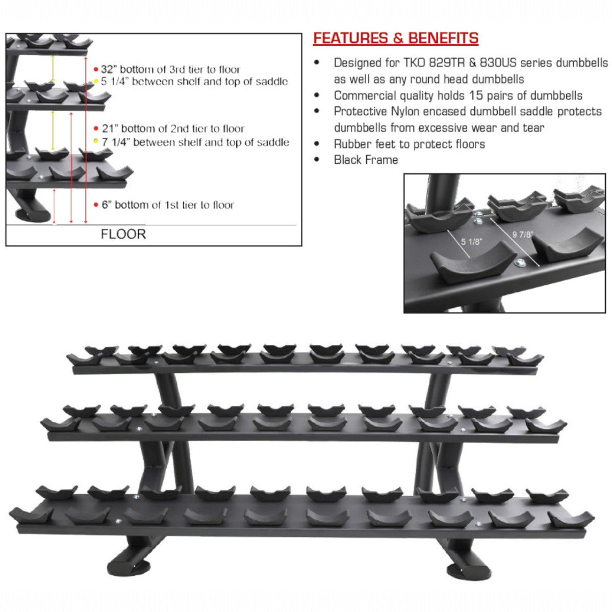TKO 7052B-BK 15 Pair Dumbbell Saddle Rack specs