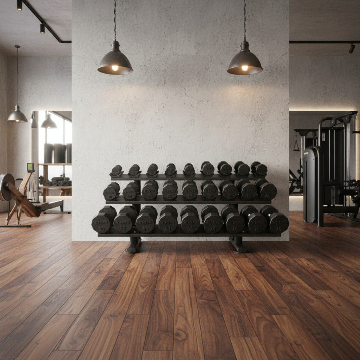 TKO 7052B-BK 15 Pair Dumbbell Saddle Rack in gym
