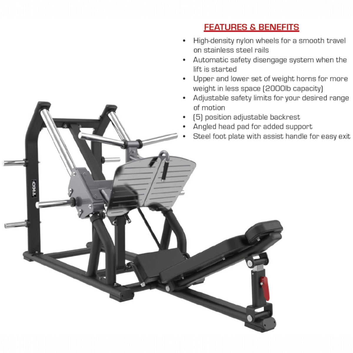 TKO 712LP Linear Leg Press specs on white background