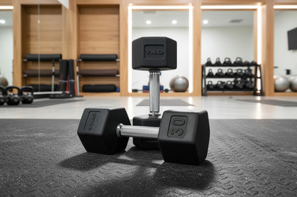 TKO 804SXR Pair of rubber hexagonal dumbbells shown in gym setting