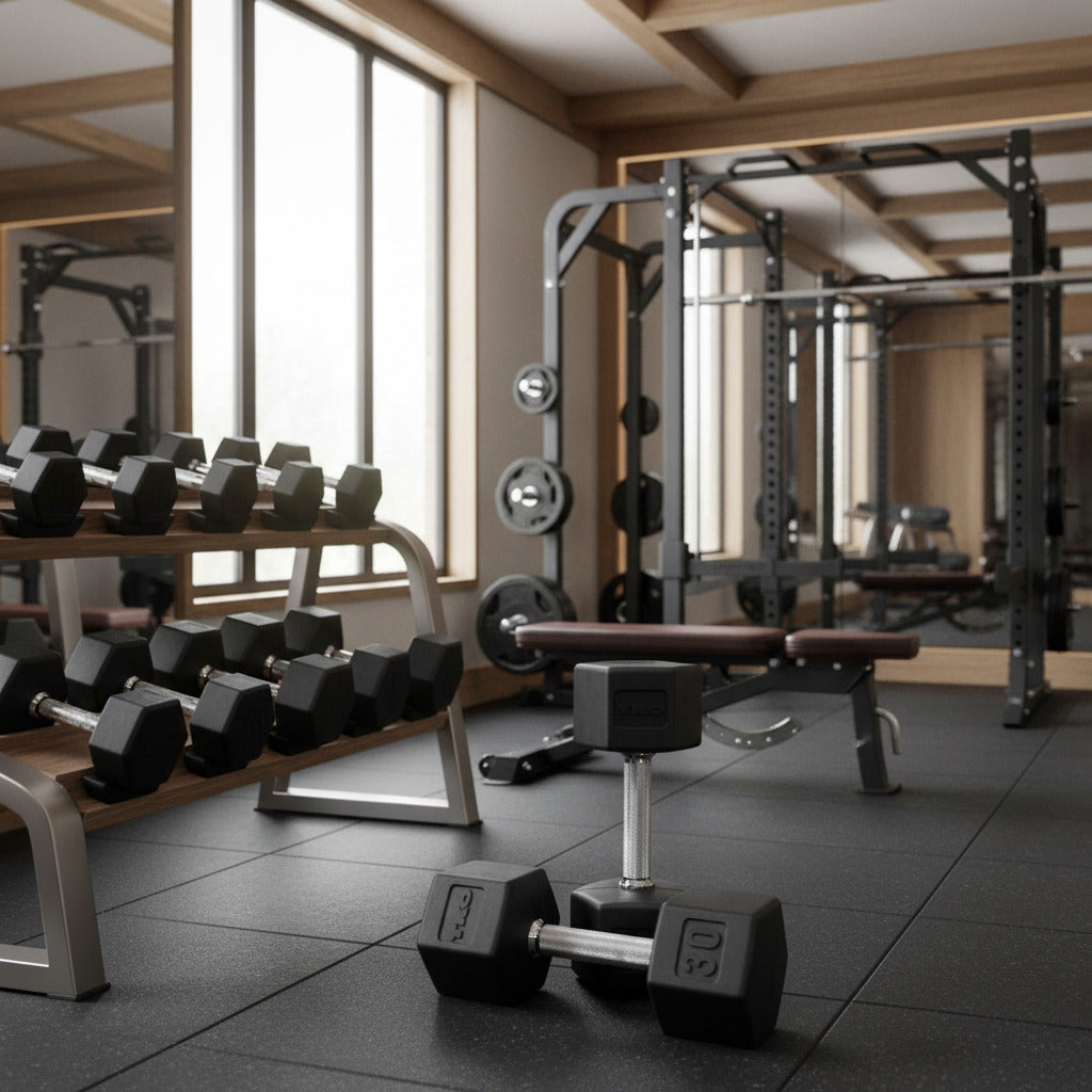 TKO 804SXR Pair of rubber hexagonal dumbbells in home gym