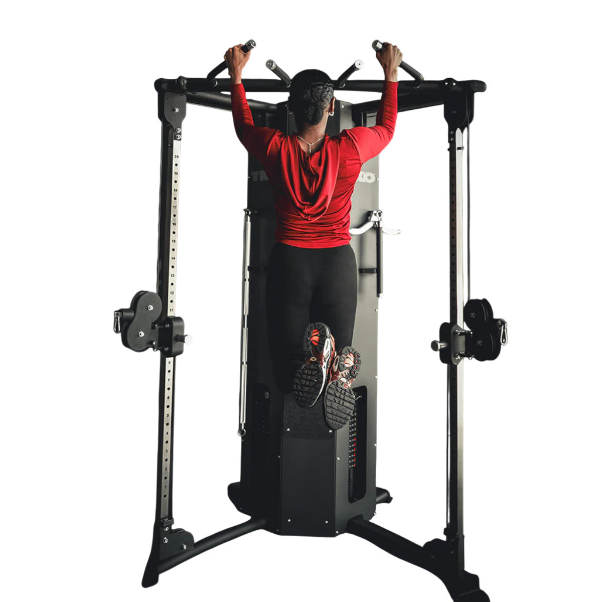 TKO 8060FT2-BK Functional Trainer with person doing pull-up shown on white background