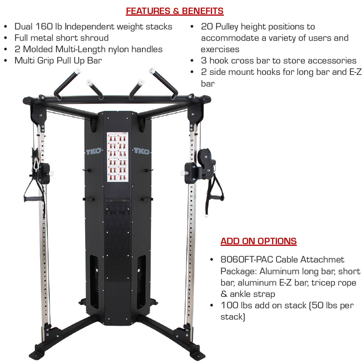 TKO 8060FT2-BK Functional Trainer feature shown on white background