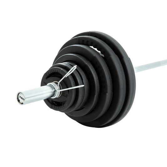TKO 803OR-300 300LB Olympic Rubber Plate set w/500LB Bar and Collars on white background