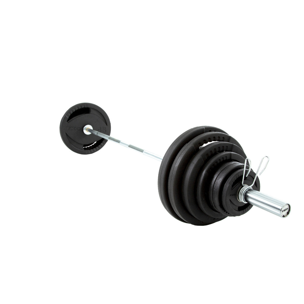 TKO 803OR-300 300LB Olympic Rubber Plate set w/500LB Bar and Collars on white background