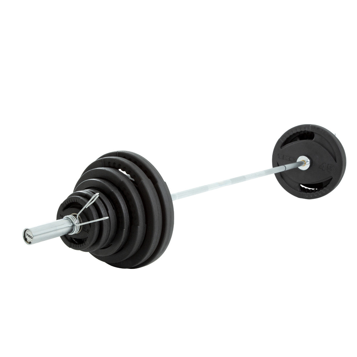 TKO 803OR-300 300LB Olympic Rubber Plate set w/500LB Bar and Collars on white background