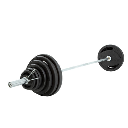 TKO 803OR-300 300LB Olympic Rubber Plate set w/500LB Bar and Collars on white background