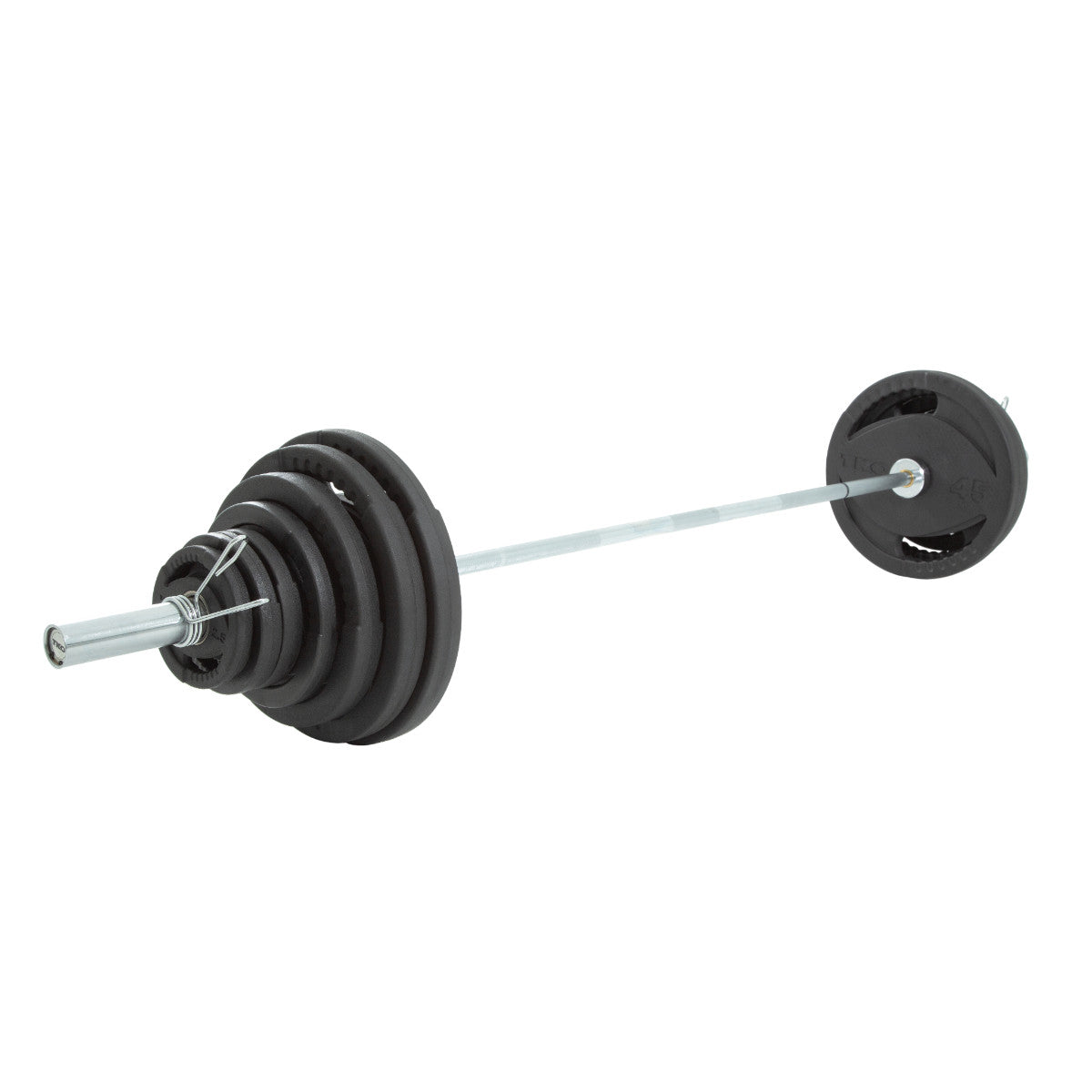 TKO 803OR-300K 300Lb Olympic Rubber Plate set w/ 500lb Bar & Collars on white background