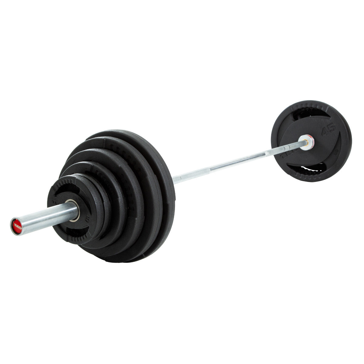 TKO 803OR-300MB 300Lb Olympic Rubber Plate set w/1500lb Bar & Collars on white background