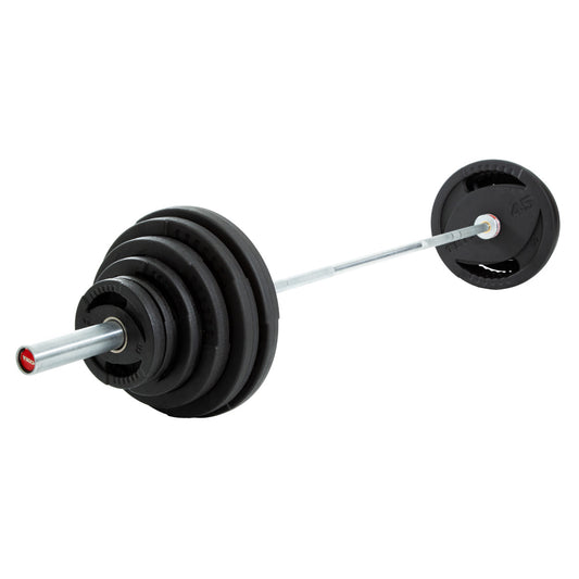 TKO 803OR-300MB 300Lb Olympic Rubber Plate set w/1500lb Bar & Collars on white background