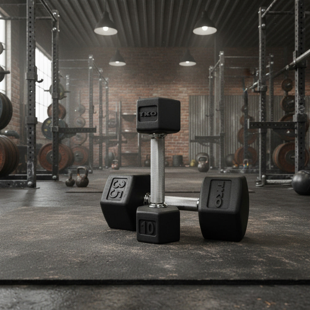 TKO 814TXR Tri-Grip Dumbbell pair shown in gym