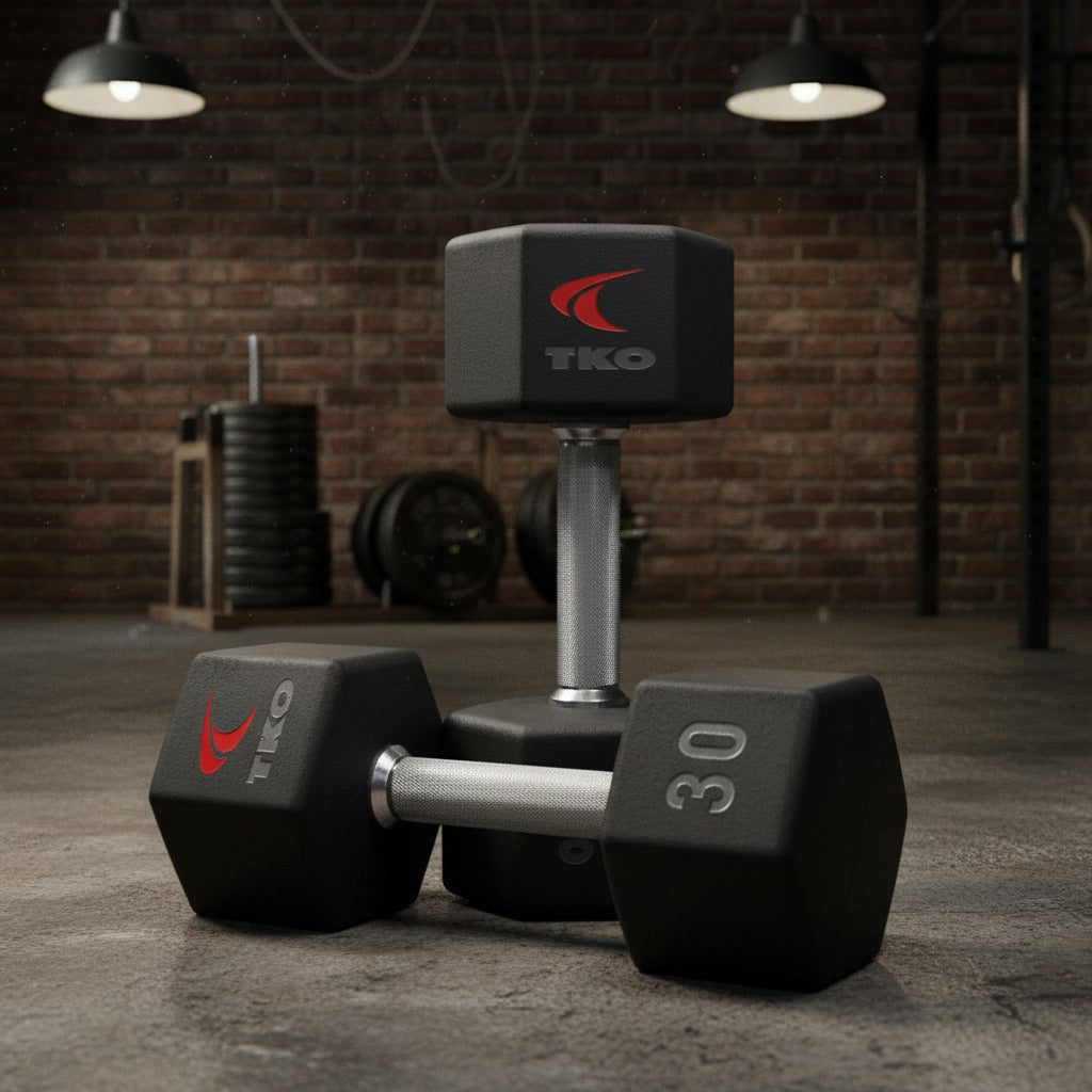Pair of TKO 816TXU dumbbells shown in hardcore gym