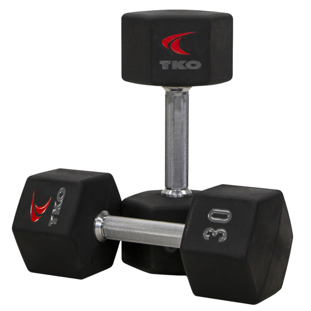 Pair of TKO 816TXU 30 lb dumbbells shown on white background