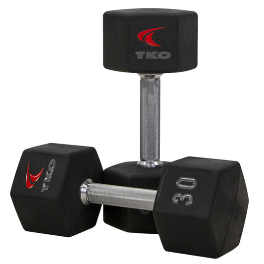 Pair of TKO 816TXU 30 lb dumbbells shown on white background