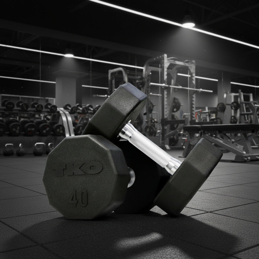 TKO 829TR dumbbells shown in gym
