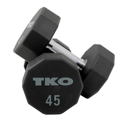 Pair of TKO dumbbells on a gym floor with white background.