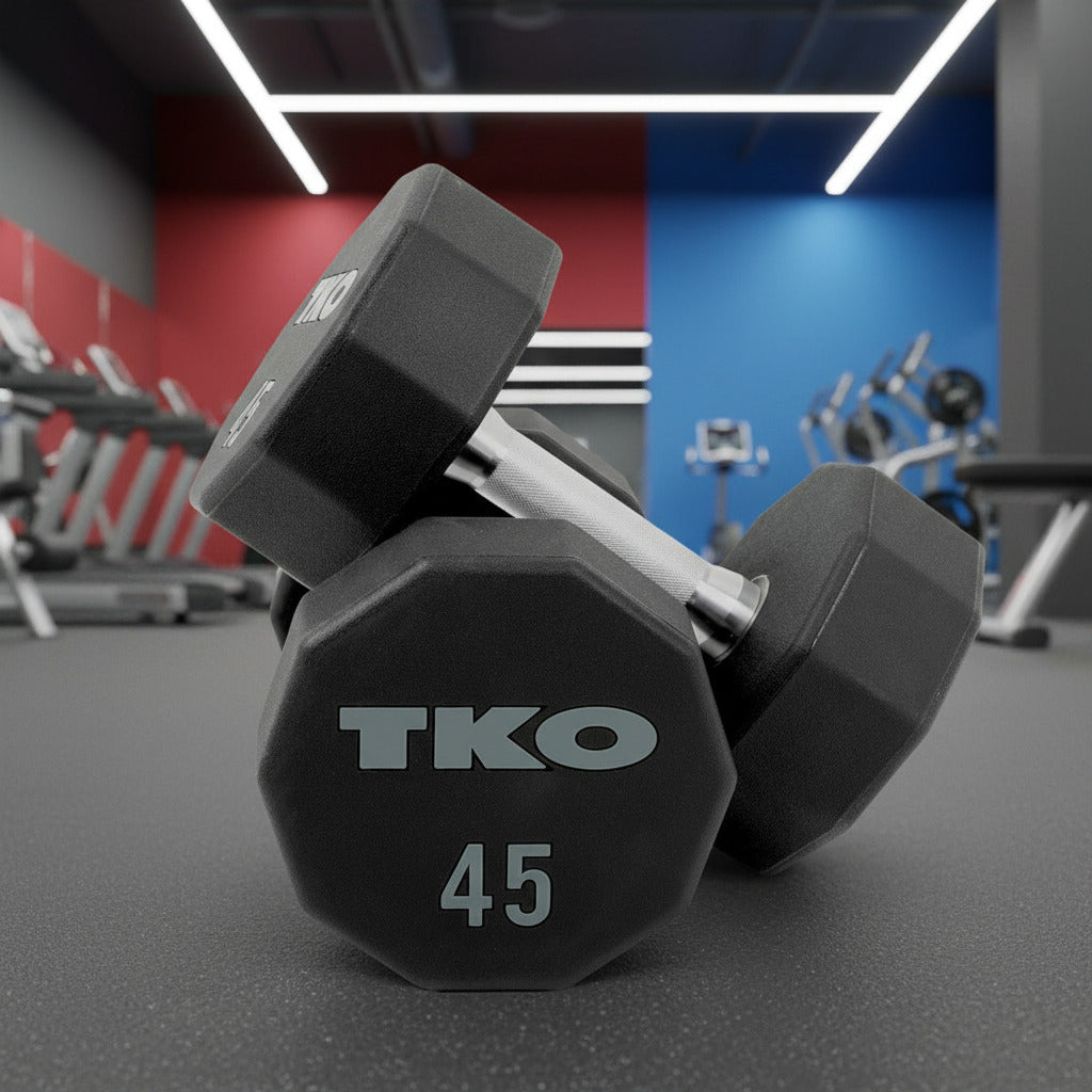 Pair of TKO dumbbells on a gym floor with equipment in the background.