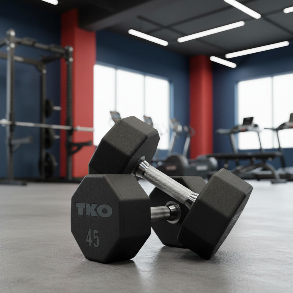 Pair of TKO dumbbells on a gym floor with equipment in the background.