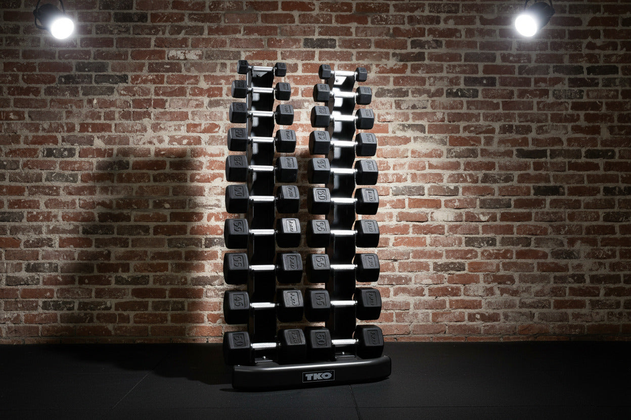 TKO S840-TXRA10 5 to 50LB Tri-Grip Rubber Hex Dumbbell Set w/Rack brick wall background