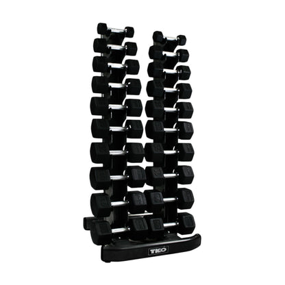 TKO S840-TXRA10 5 to 50LB Tri-Grip Rubber Hex Dumbbell Set w/Rack on white background