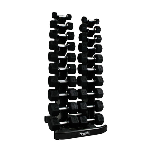 TKO S840-TXRA10 5 to 50LB Tri-Grip Rubber Hex Dumbbell Set w/Rack on white background