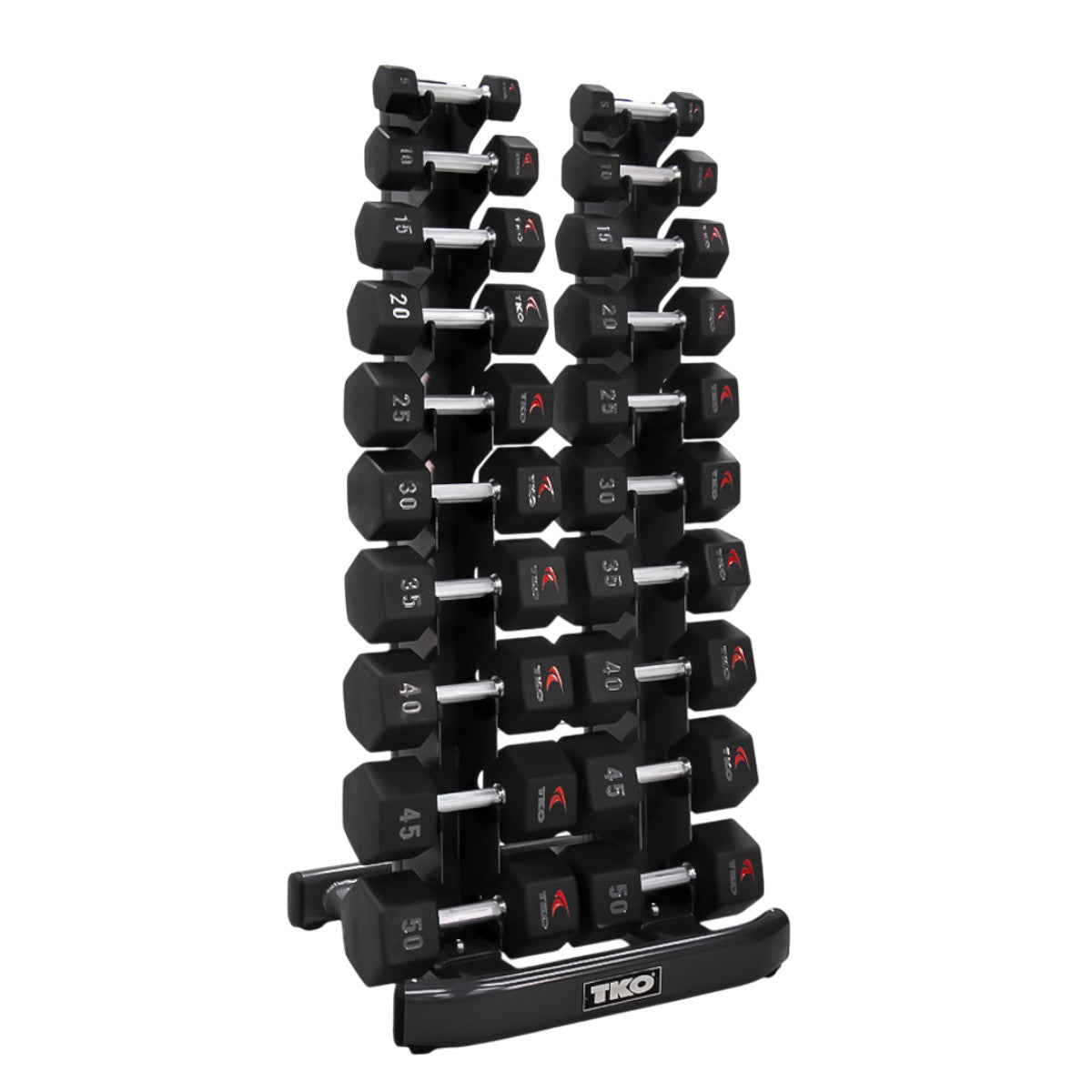 TKO 840VDR10 with Urethane Hex dumbbells on white background angled