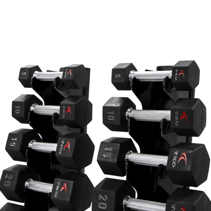 TKO 840VDR10 with Urethane Hex dumbbells on white background close-up