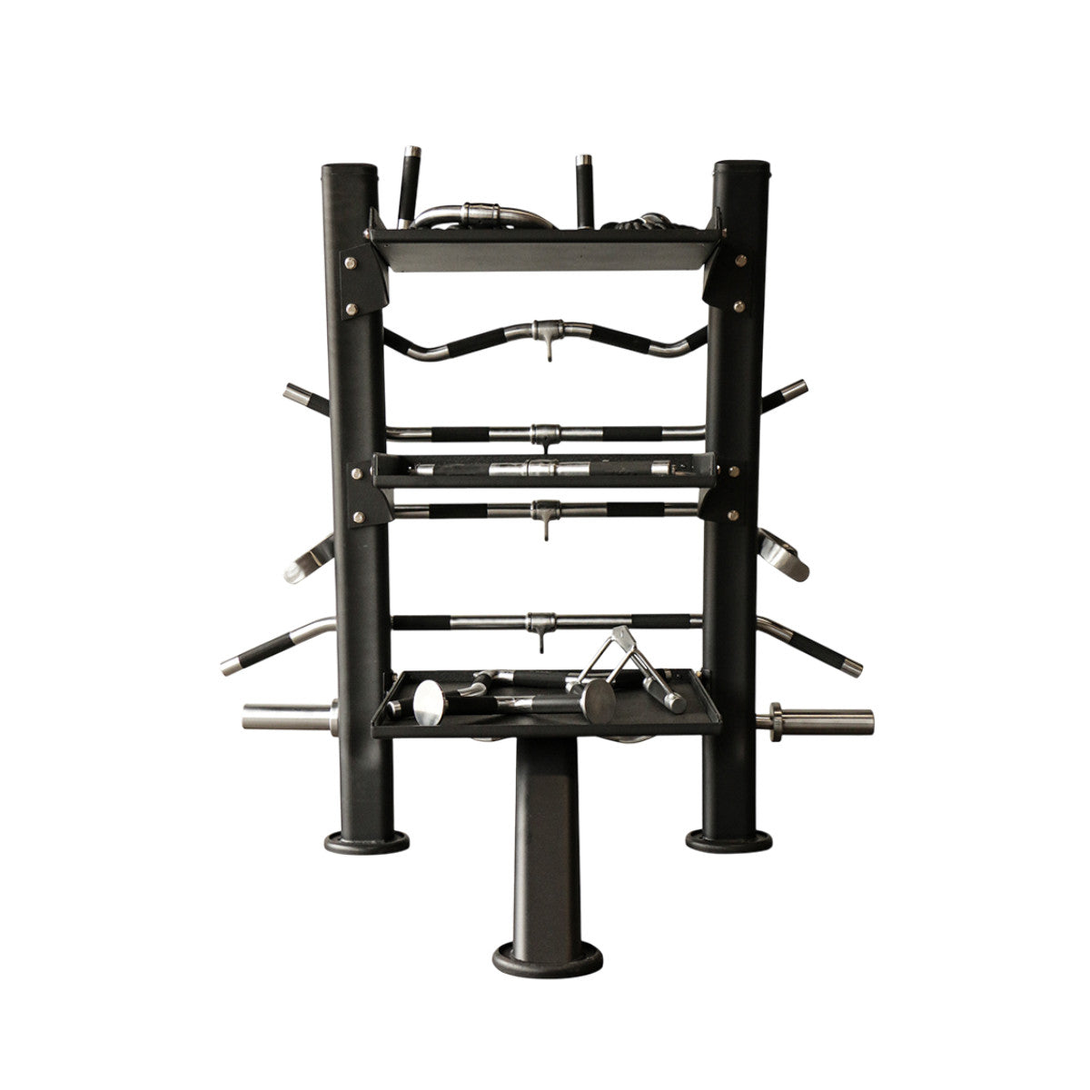 TKO 848ACR-BK Accessory Rack loaded with cable attachments on a white background rear view