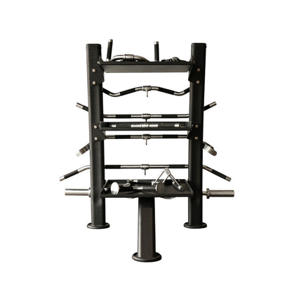 TKO 848ACR-BK Accessory Rack loaded with cable attachments on a white background rear view
