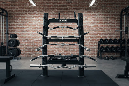TKO 848ACR-BK Accessory Rack loaded with cable attachments in a gym