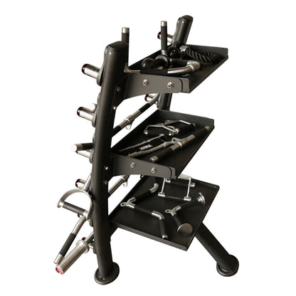 TKO 848ACR-BK Accessory Rack loaded with cable attachments side view on a white background