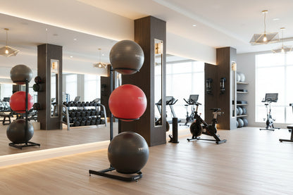 TKO S853-FBP55-75 Three Stability Ball Set 55, 65, and 75cm w/ Rack in studio gym